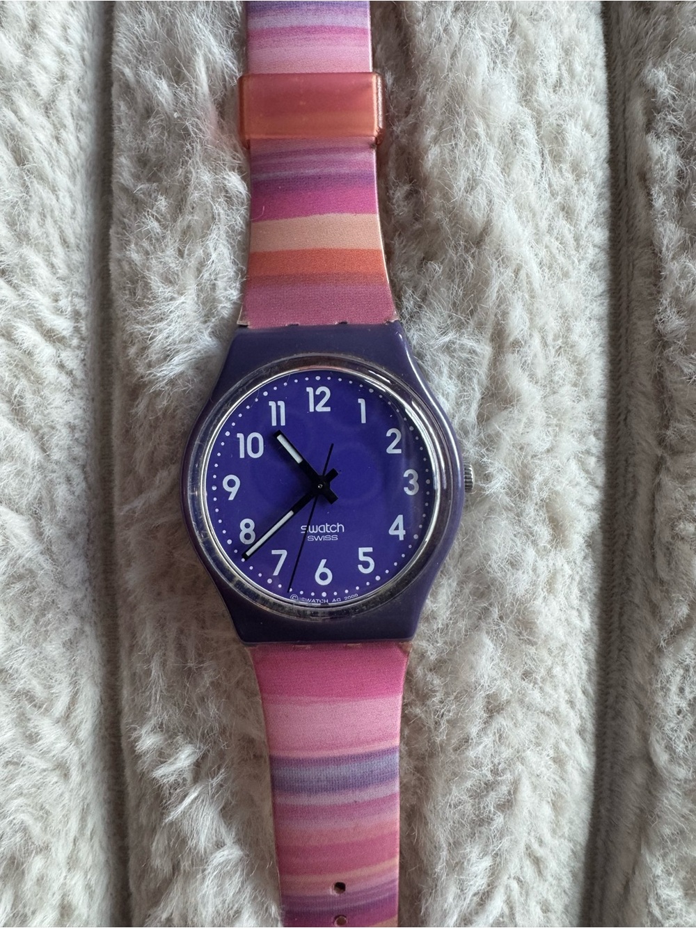 Vintage Swatch Swiss Quartz Watch Purple Dial Pink Orange Striped Strap 2000